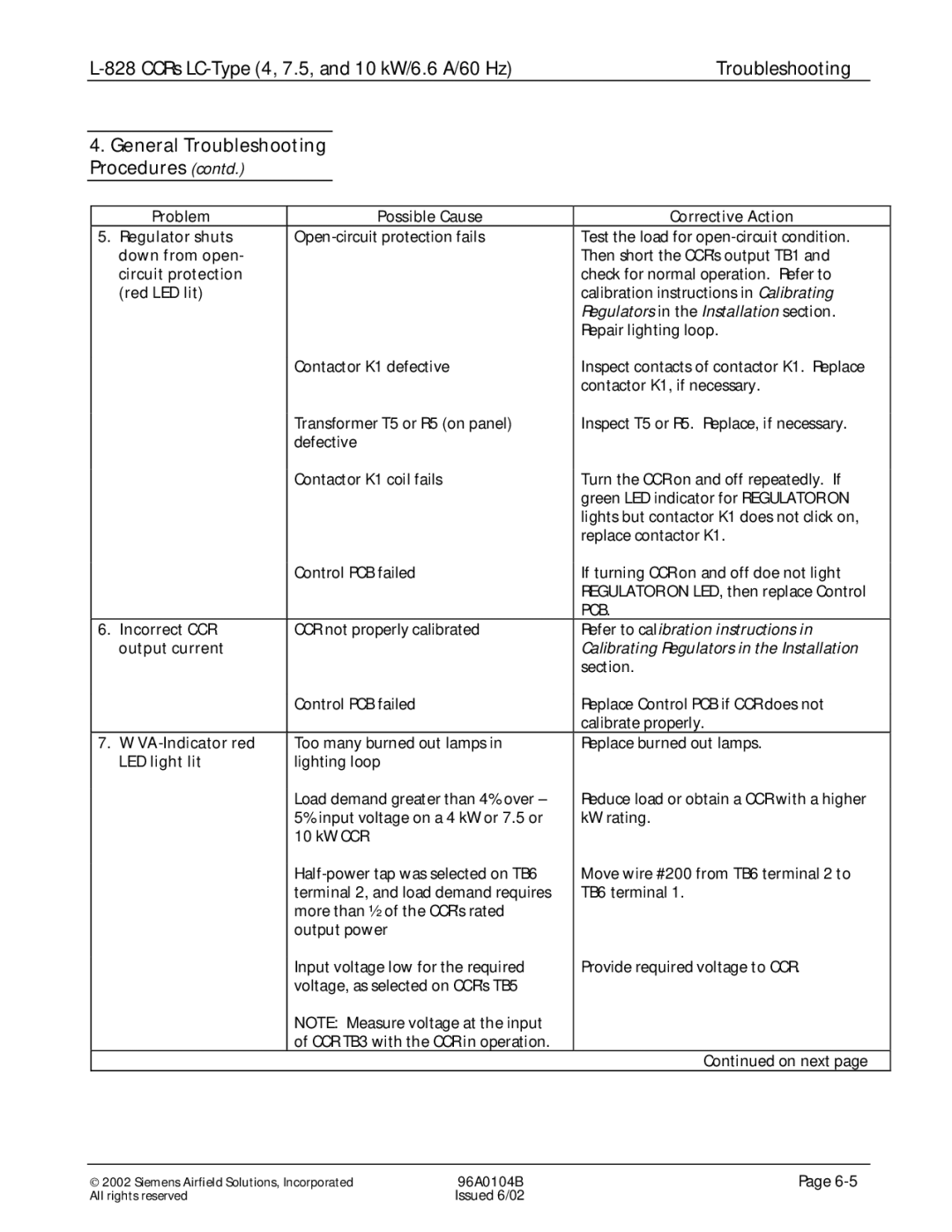 Siemens L-828 Problem Possible Cause Corrective Action Regulator shuts, Down from open, Circuit protection, Red LED lit 