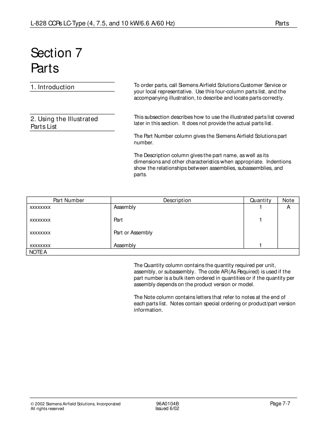 Siemens L-828 manual Introduction Using the Illustrated Parts List, Part Number Description Quantity 