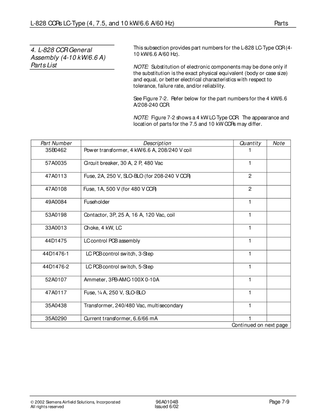 Siemens L-828 manual CCR General Assembly 4-10 kW/6.6 a Parts List 