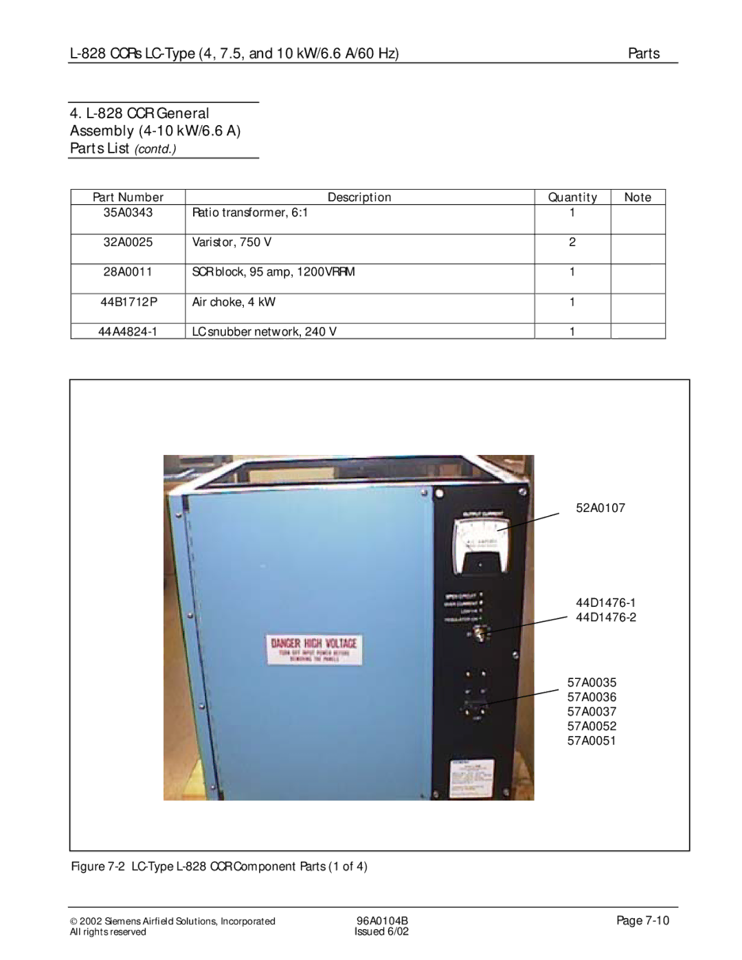 Siemens manual CCR General Assembly 4-10 kW/6.6 a Parts List contd, LC-Type L-828 CCR Component Parts 1 