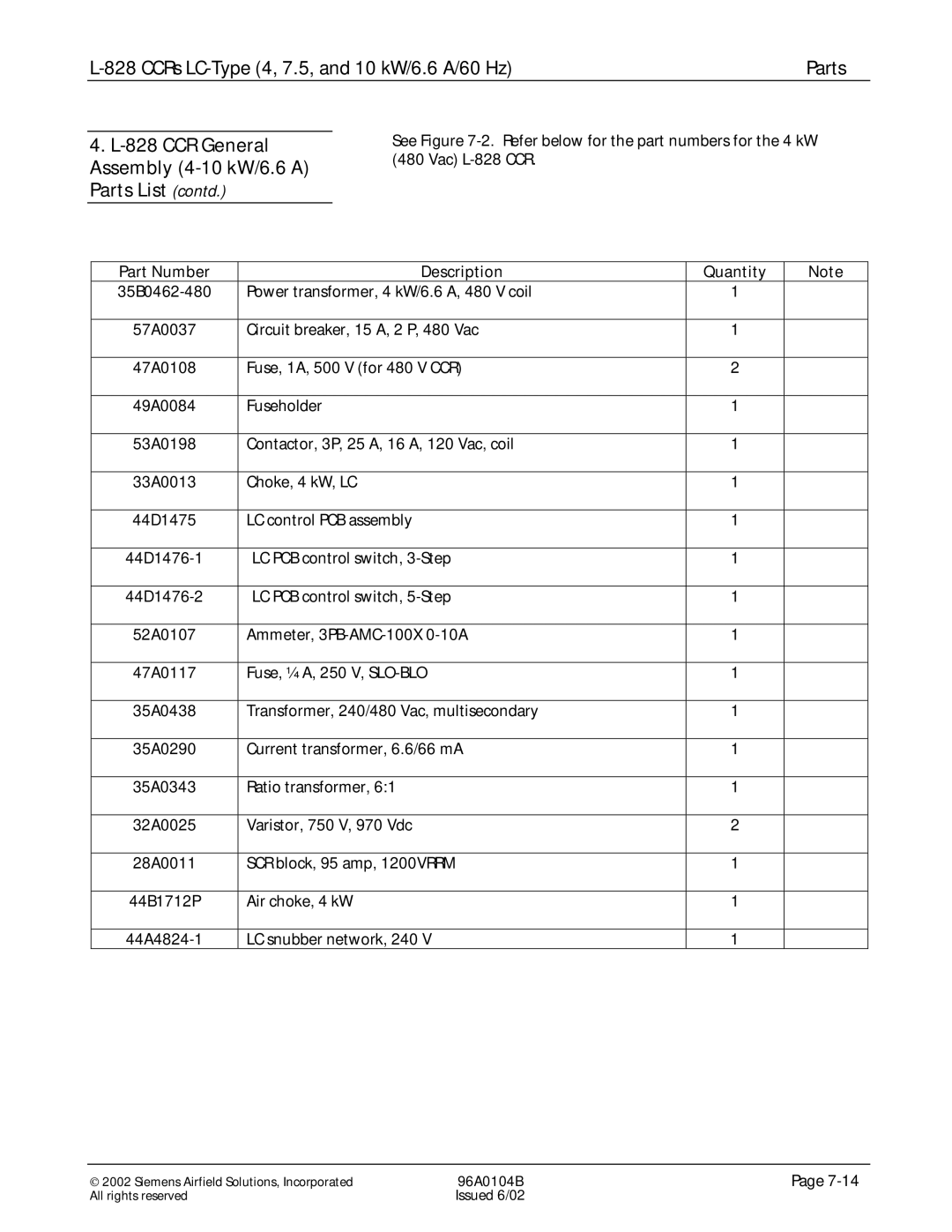 Siemens L-828 manual CCR General, Assembly 4-10 kW/6.6 a, Parts List contd 