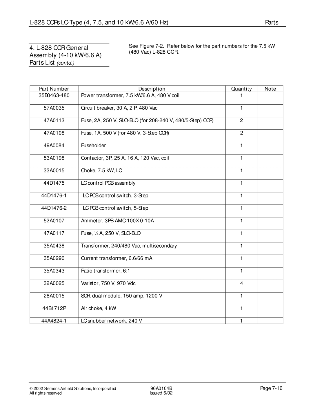 Siemens L-828 manual See -2. Refer below for the part numbers for the 7.5 kW 