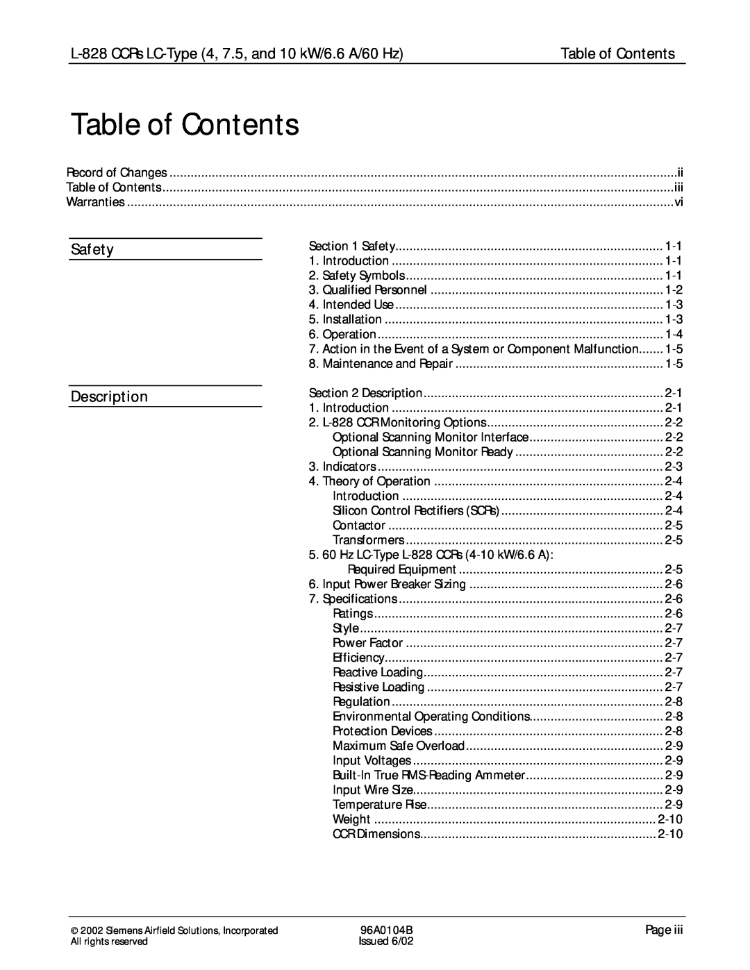 Siemens L-828 manual Table of Contents, Safety Description 
