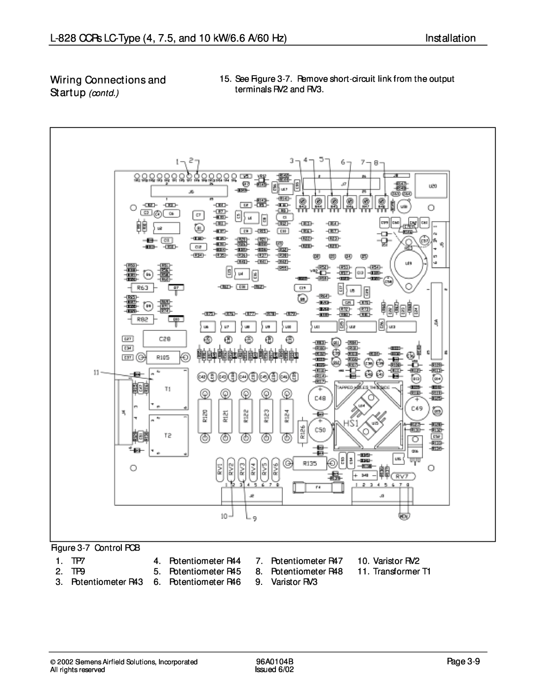 Siemens manual Wiring Connections and, Startup contd, L-828CCRs LC-Type4, 7.5, and 10 kW/6.6 A/60 Hz, Installation 