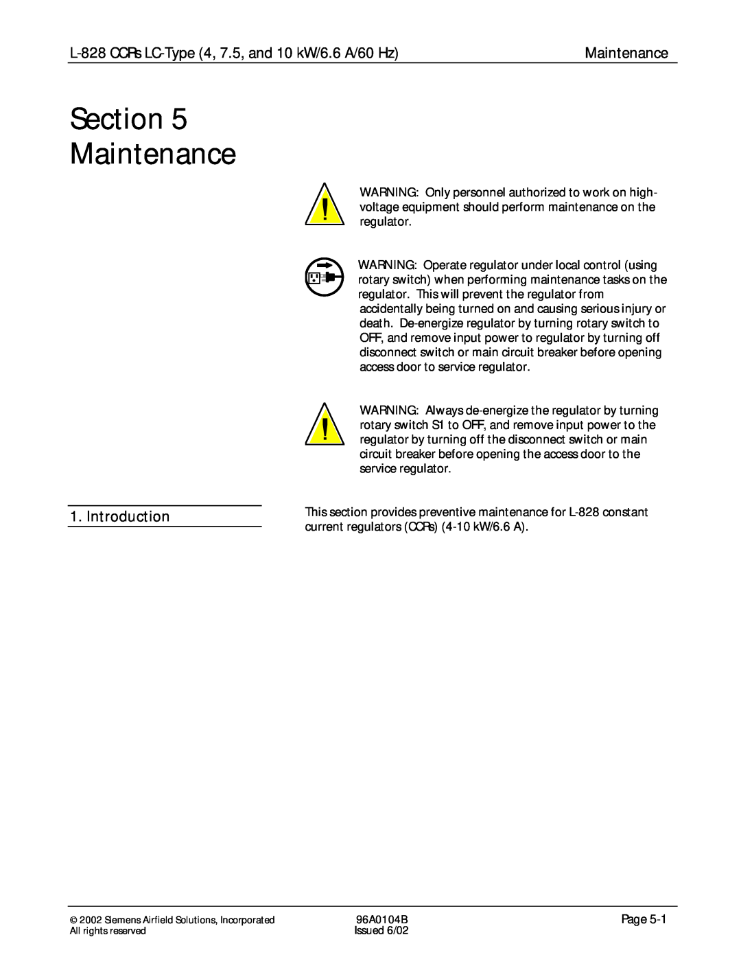 Siemens manual Maintenance, L-828CCRs LC-Type4, 7.5, and 10 kW/6.6 A/60 Hz, Introduction 