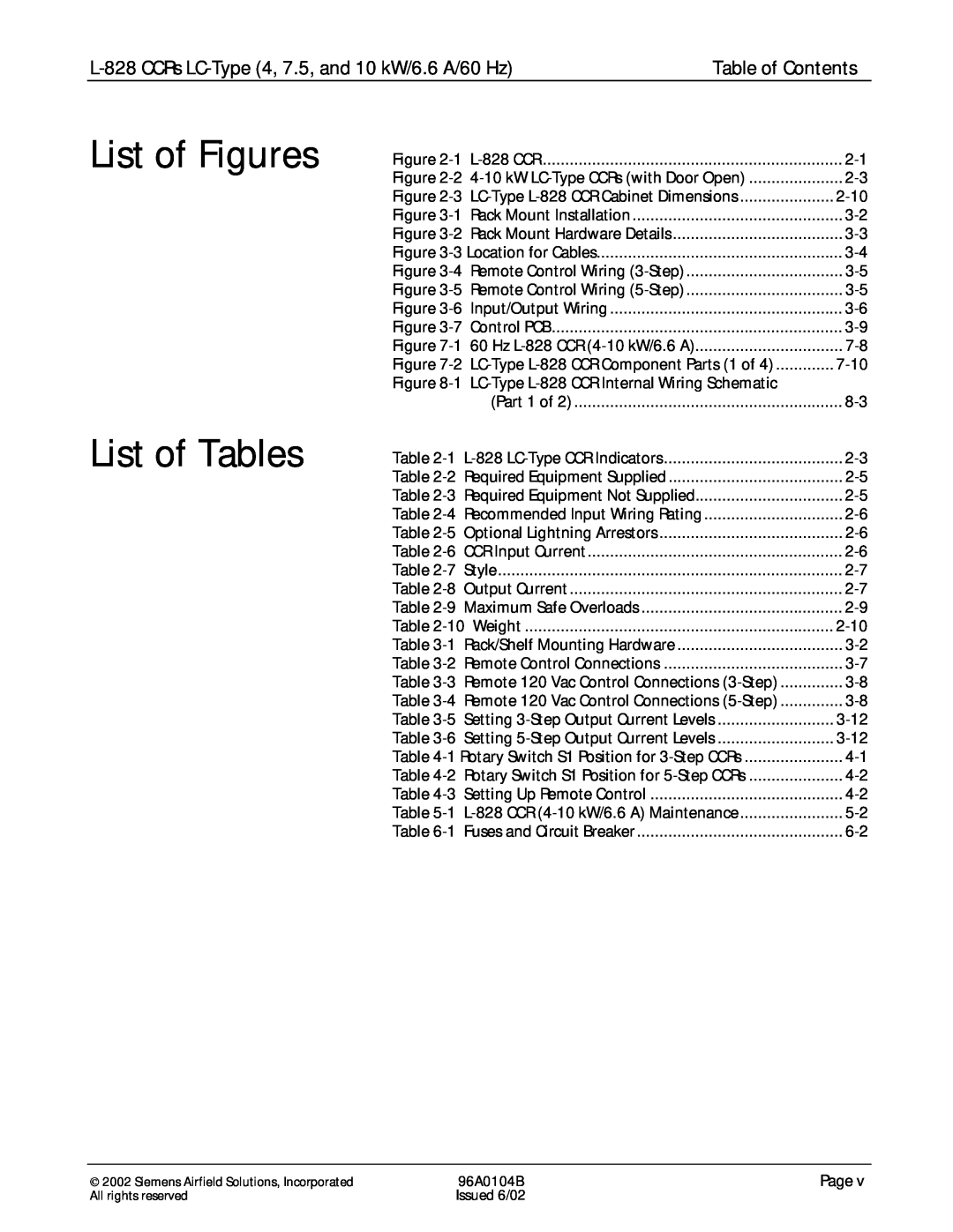 Siemens manual List of Figures List of Tables, L-828CCRs LC-Type4, 7.5, and 10 kW/6.6 A/60 Hz, Table of Contents 