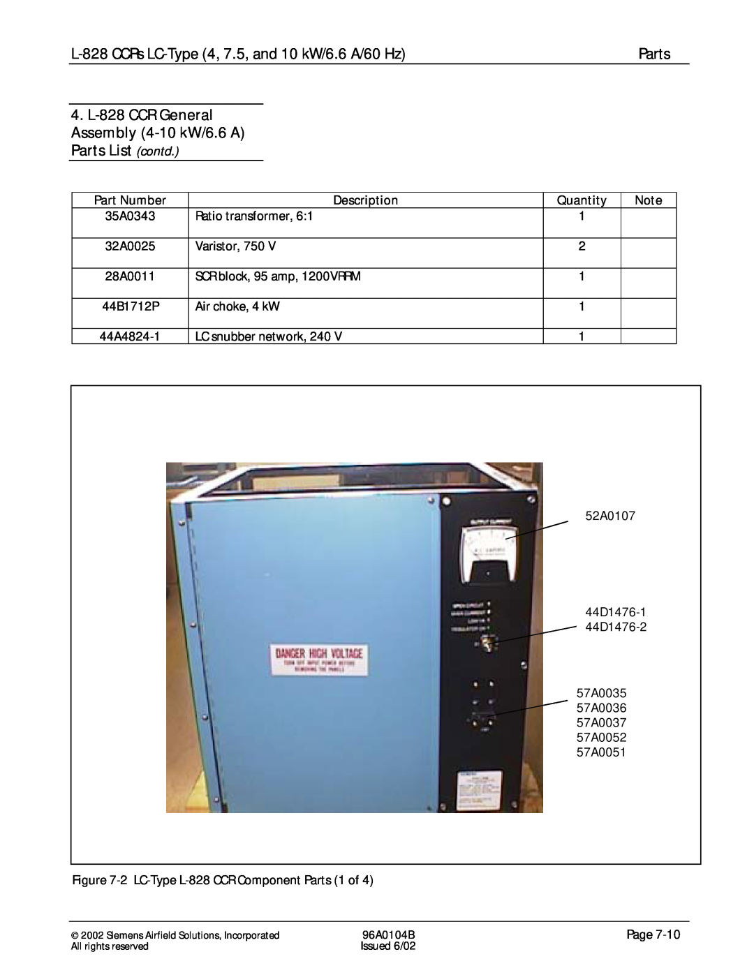 Siemens manual L-828CCRs LC-Type4, 7.5, and 10 kW/6.6 A/60 Hz, Parts, 35A0343 