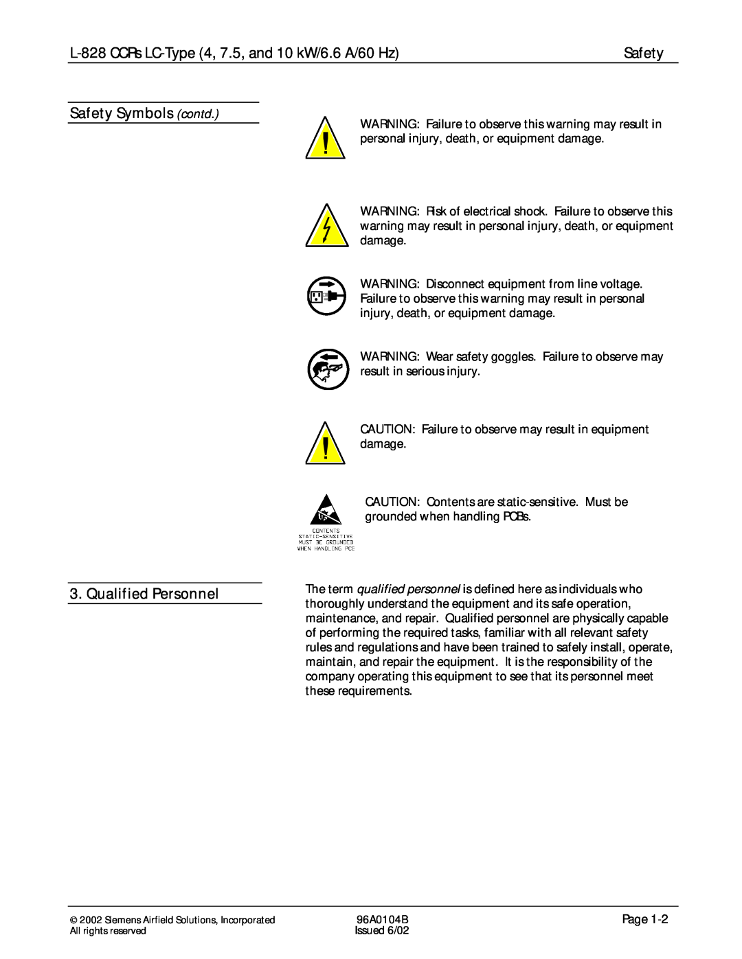 Siemens manual Safety Symbols contd 3. Qualified Personnel, L-828CCRs LC-Type4, 7.5, and 10 kW/6.6 A/60 Hz 