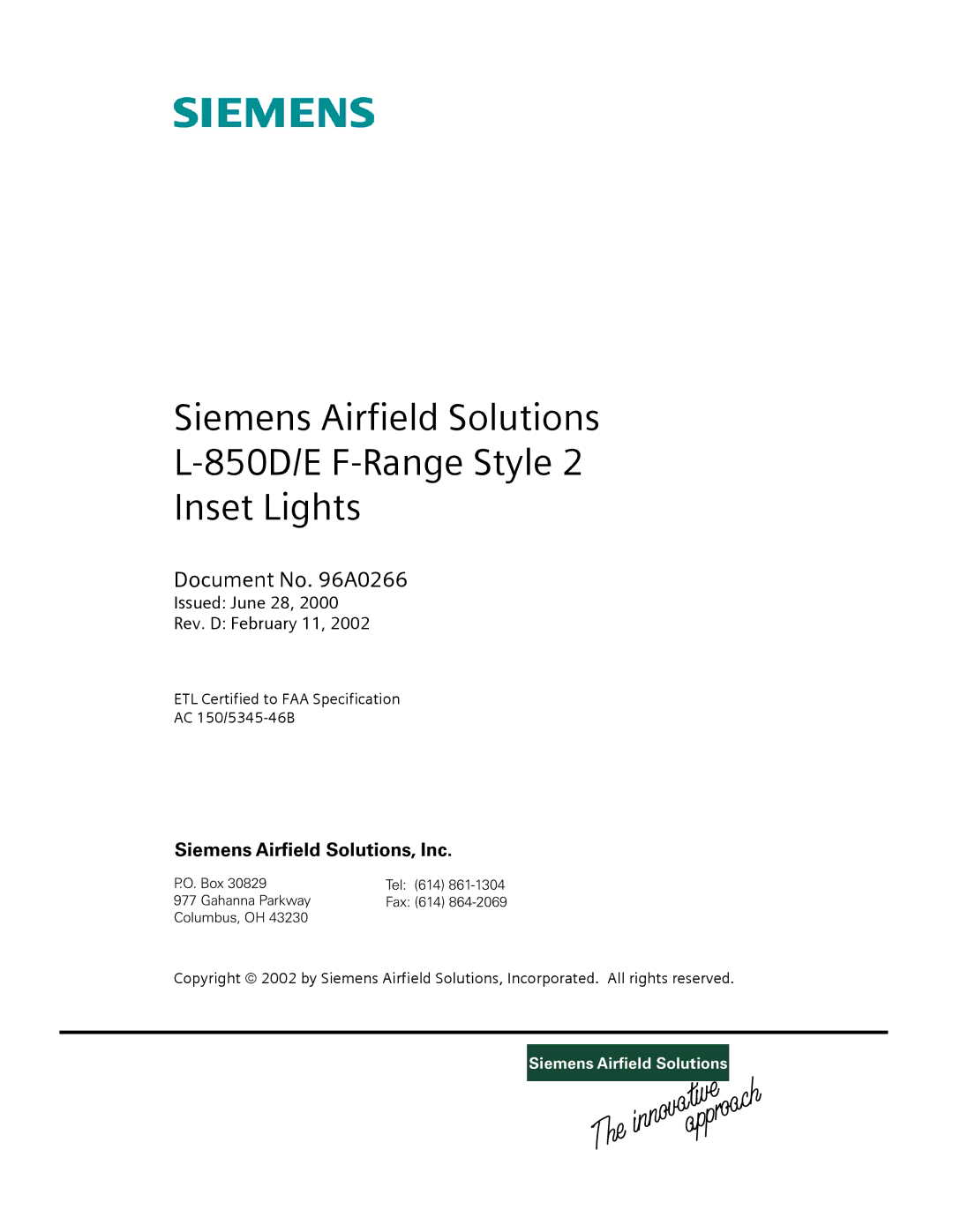 Siemens L-850D/E F-Range Style 2 Inset Lights manual Siemens Airfield Solutions 850D/E F-Range Style Inset Lights 