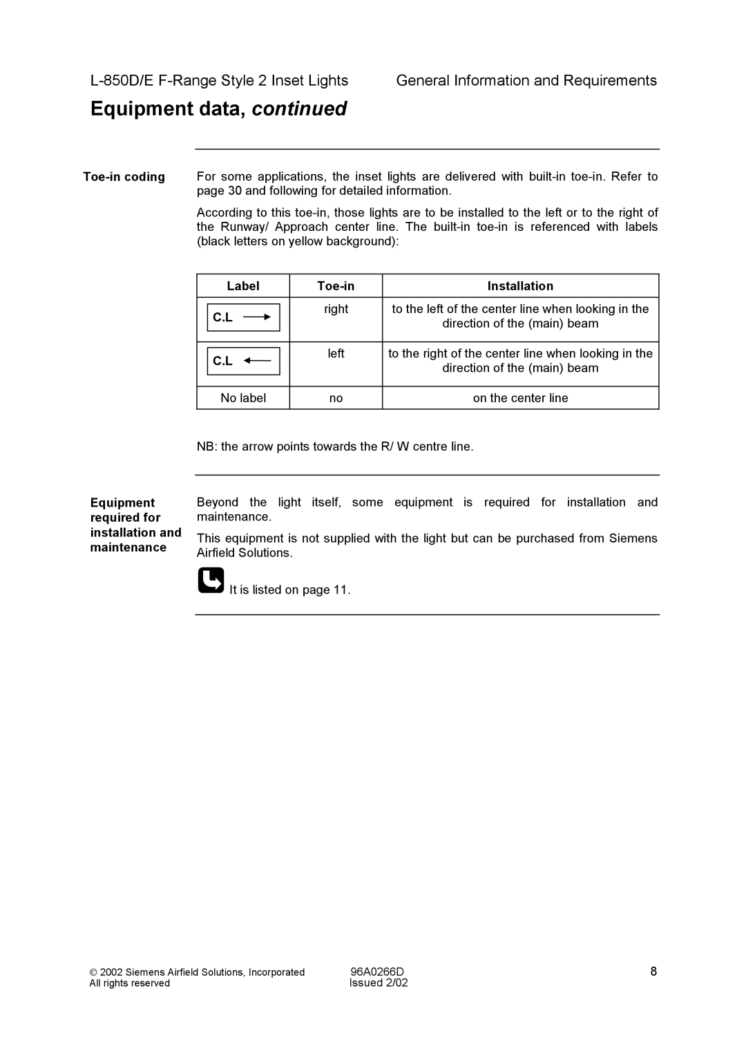 Siemens L-850D/E F-Range Style 2 Inset Lights manual Label Toe-in Installation 