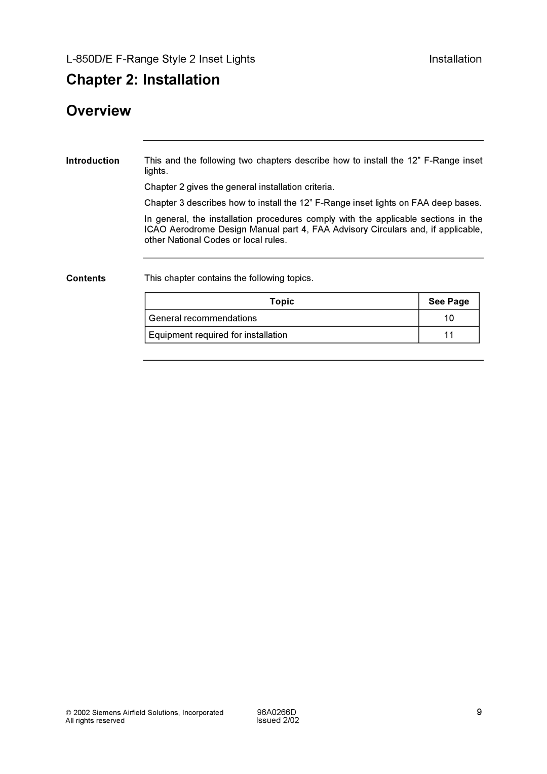 Siemens L-850D/E F-Range Style 2 Inset Lights manual Installation Overview, Contents 