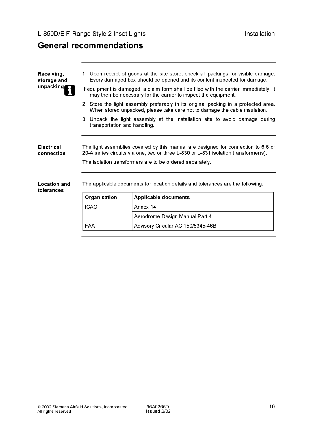 Siemens L-850D/E F-Range Style 2 Inset Lights manual General recommendations, Organisation Applicable documents 