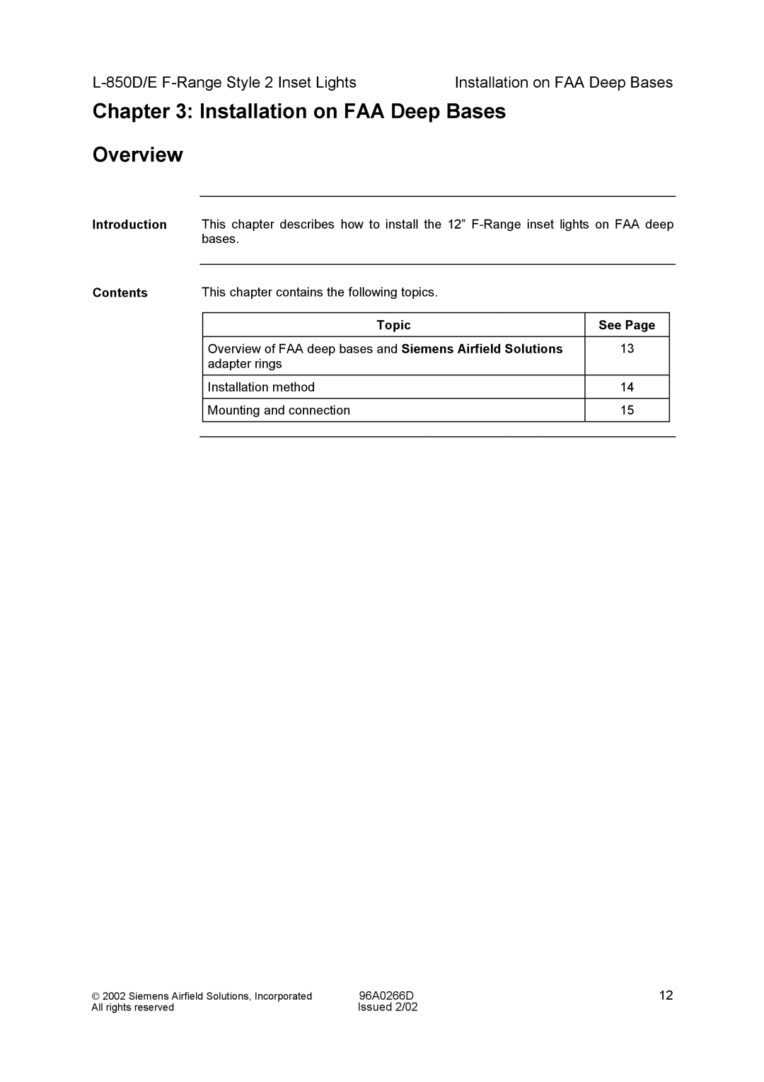 Siemens L-850D/E F-Range Style 2 Inset Lights manual Installation on FAA Deep Bases Overview, Introduction 