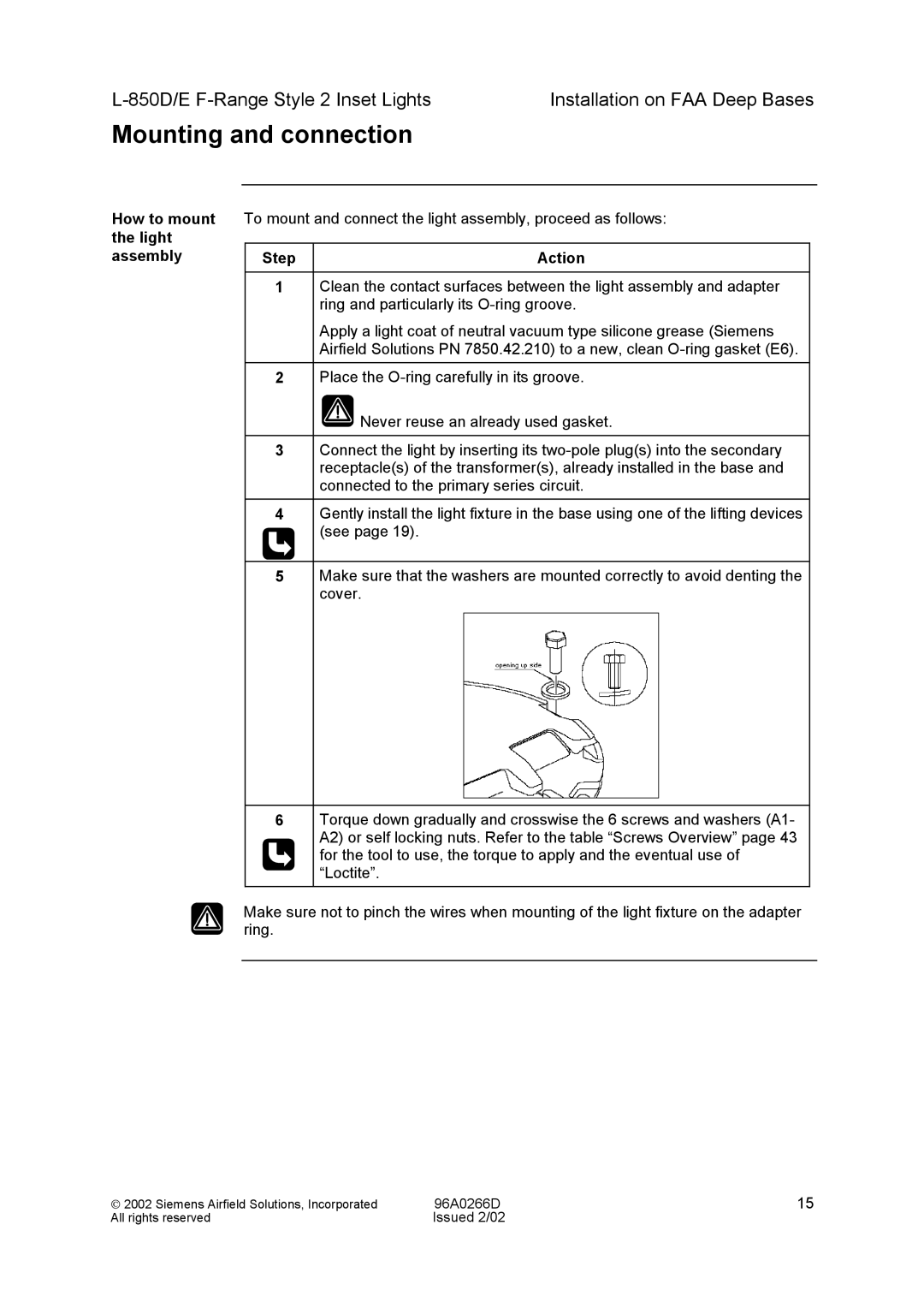 Siemens L-850D/E F-Range Style 2 Inset Lights manual Mounting and connection, How to mount the light assembly 