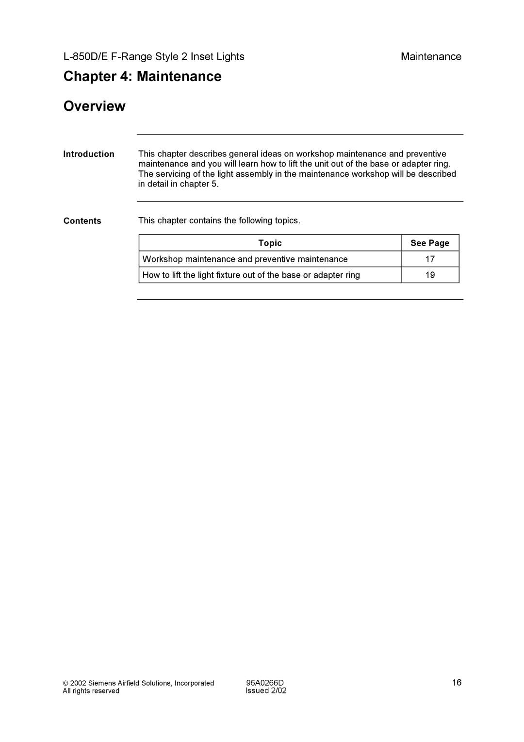 Siemens L-850D/E F-Range Style 2 Inset Lights manual Maintenance Overview, Introduction 