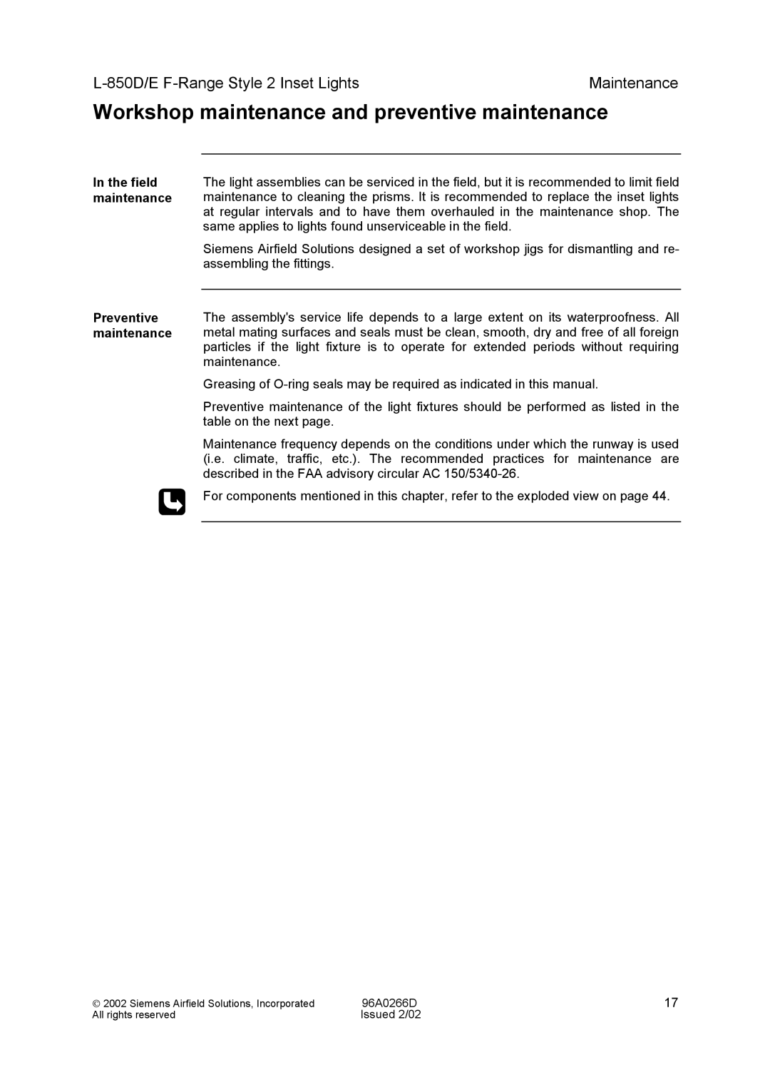 Siemens L-850D/E F-Range Style 2 Inset Lights manual Workshop maintenance and preventive maintenance, Field maintenance 