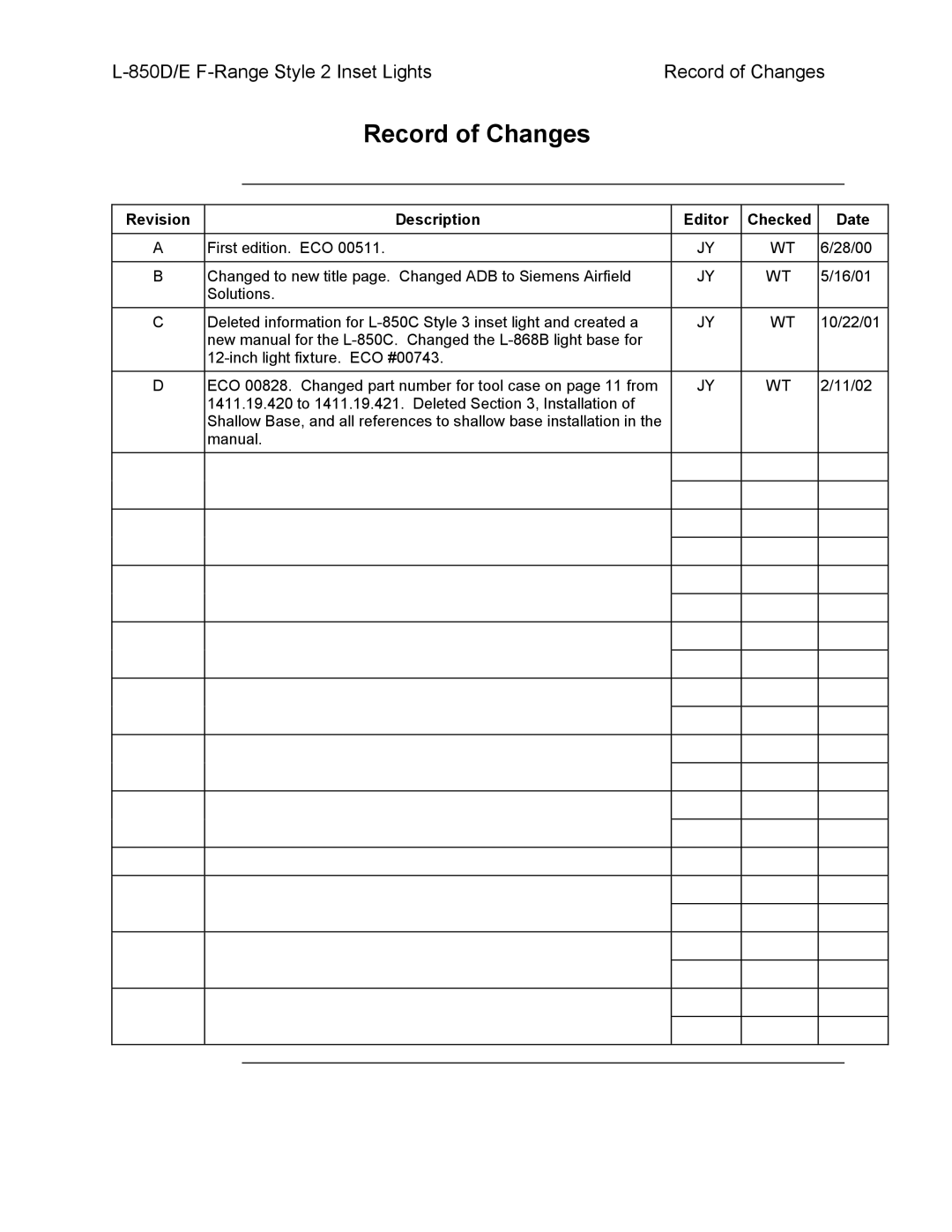 Siemens L-850D/E F-Range Style 2 Inset Lights manual Record of Changes, Revision Description Editor Checked Date 