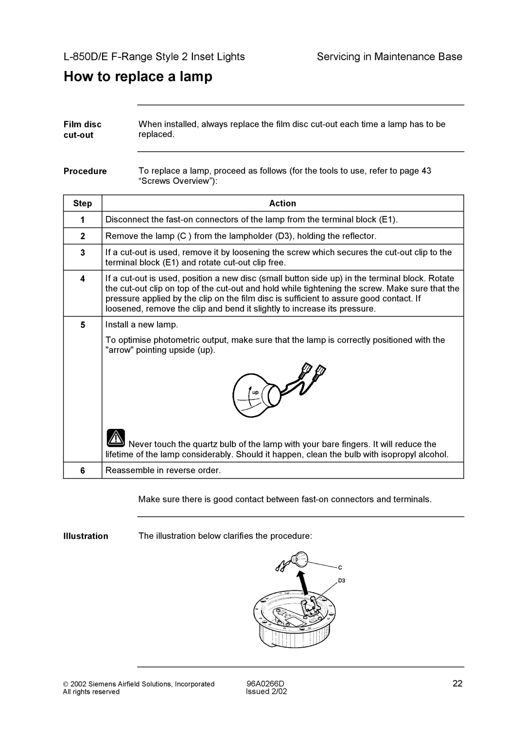 Siemens L-850D/E F-Range Style 2 Inset Lights manual How to replace a lamp, Film disc cut-out Procedure 