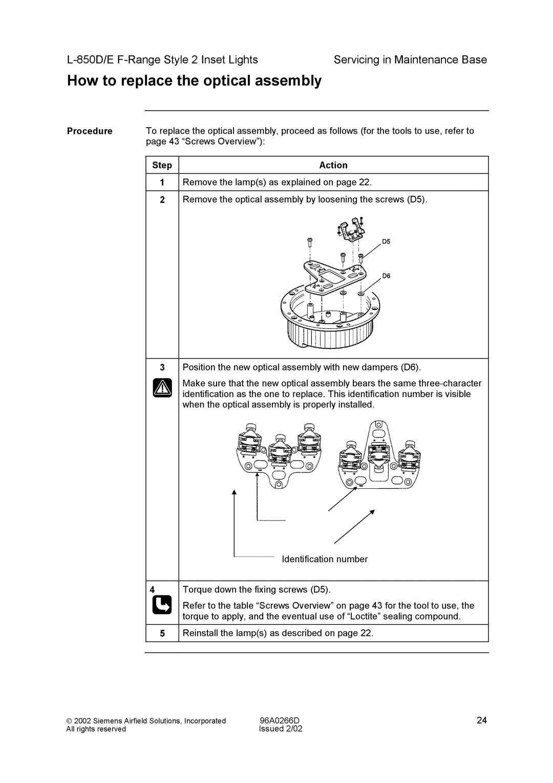 Siemens L-850D/E F-Range Style 2 Inset Lights manual How to replace the optical assembly 