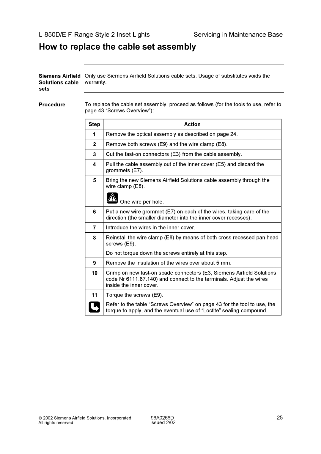 Siemens L-850D/E F-Range Style 2 Inset Lights manual How to replace the cable set assembly, Procedure 