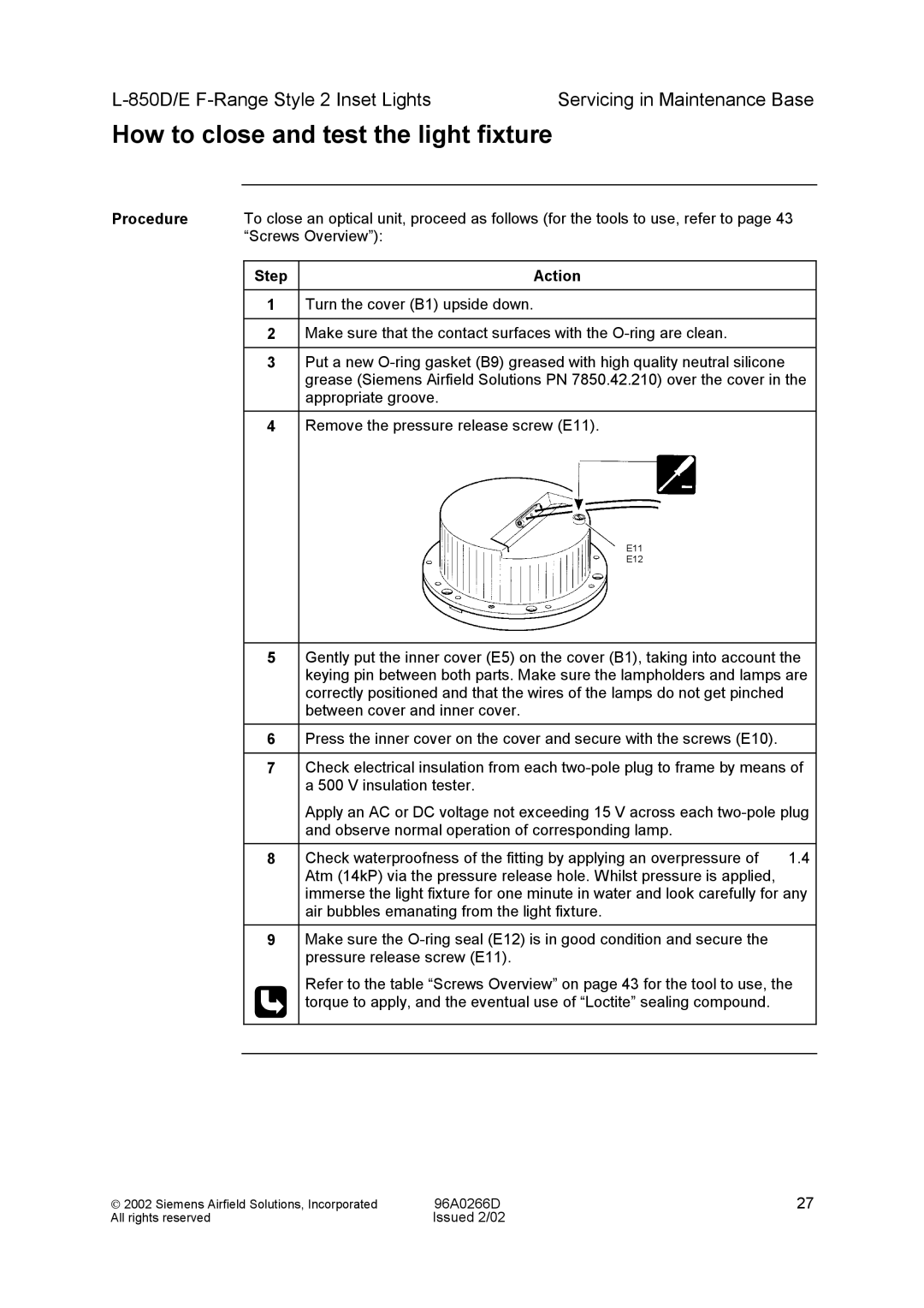 Siemens L-850D/E F-Range Style 2 Inset Lights manual How to close and test the light fixture 