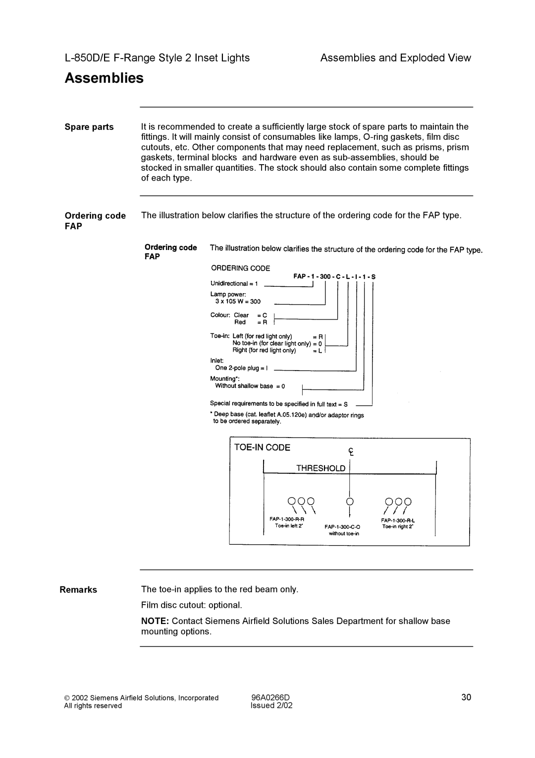 Siemens L-850D/E F-Range Style 2 Inset Lights manual Assemblies, Remarks 