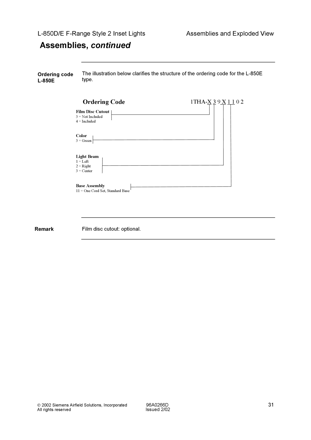 Siemens L-850D/E F-Range Style 2 Inset Lights manual Ordering code, 850E, Remark Film disc cutout optional 