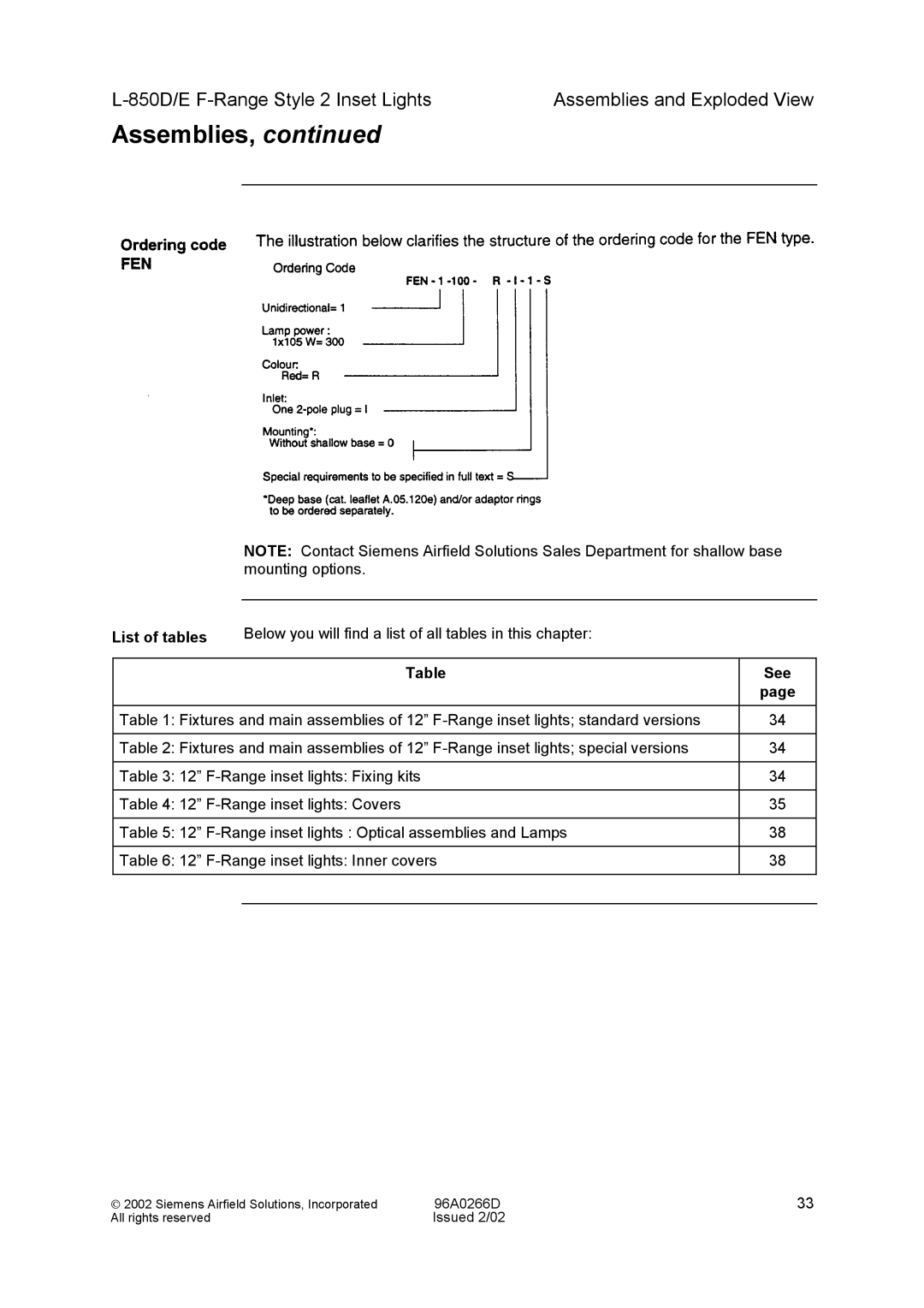 Siemens L-850D/E F-Range Style 2 Inset Lights manual List of tables 