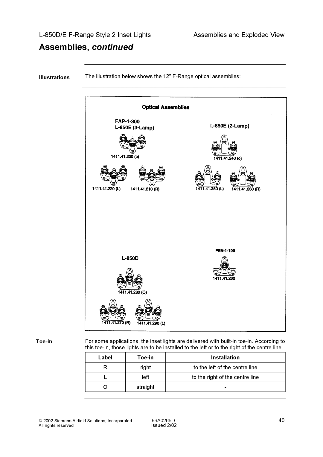 Siemens L-850D/E F-Range Style 2 Inset Lights manual Illustrations, Toe-in Installation 