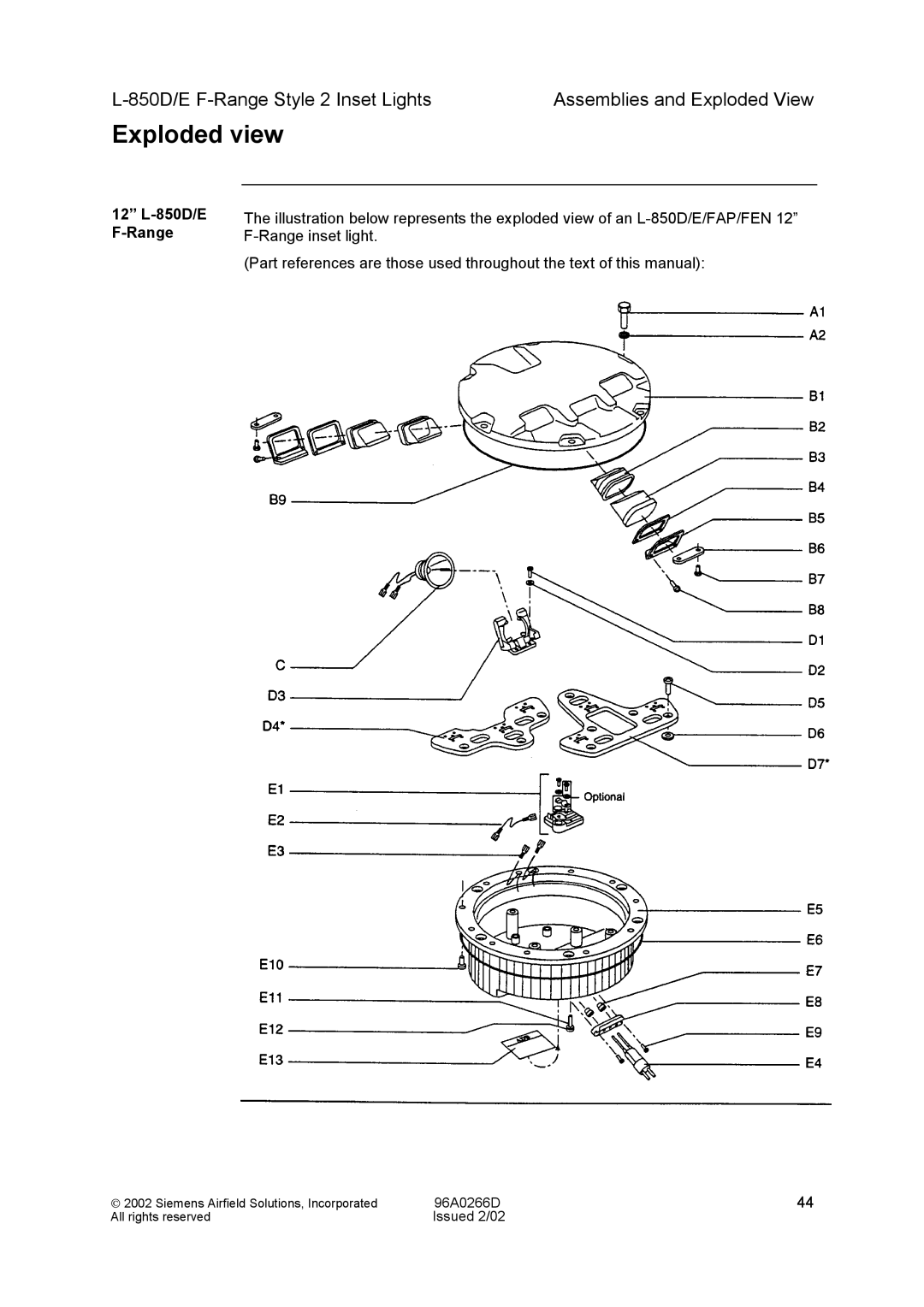 Siemens L-850D/E F-Range Style 2 Inset Lights manual Exploded view, 12 L-850D/E 