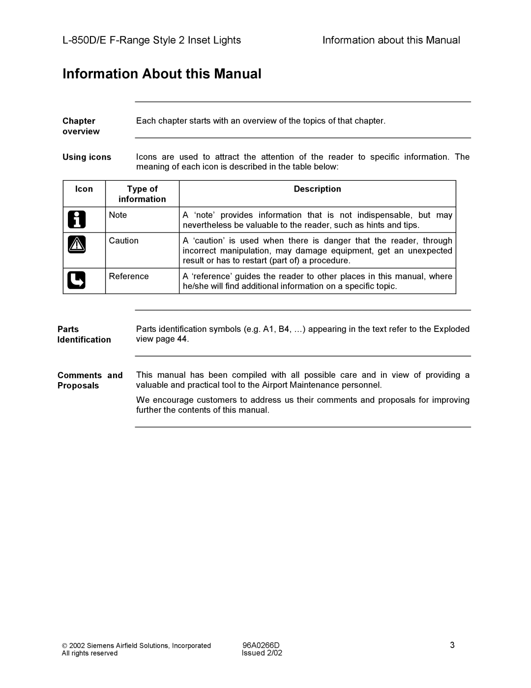 Siemens L-850D/E F-Range Style 2 Inset Lights Information About this Manual, Parts Identification Comments and Proposals 