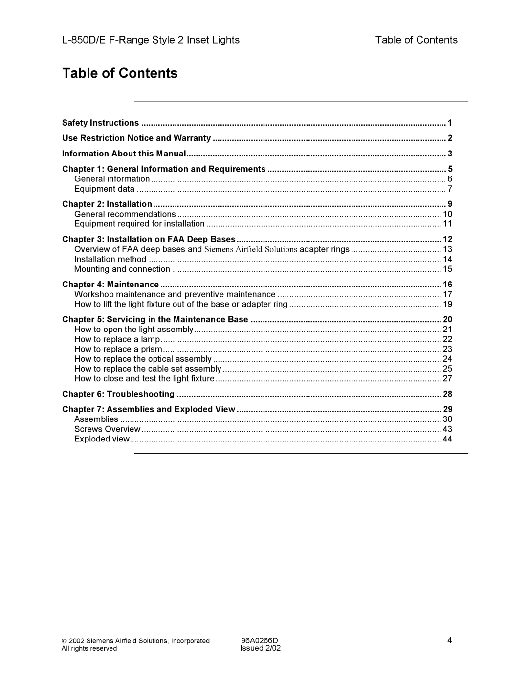 Siemens L-850D/E F-Range Style 2 Inset Lights manual Table of Contents 