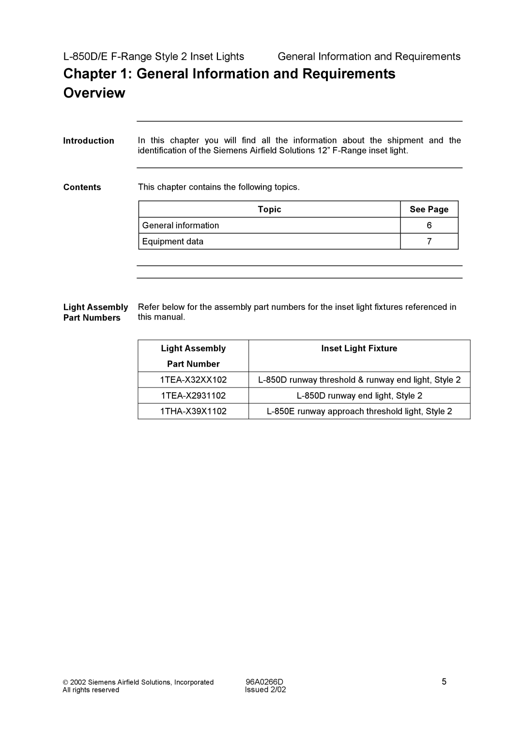 Siemens L-850D/E F-Range Style 2 Inset Lights manual General Information and Requirements Overview 