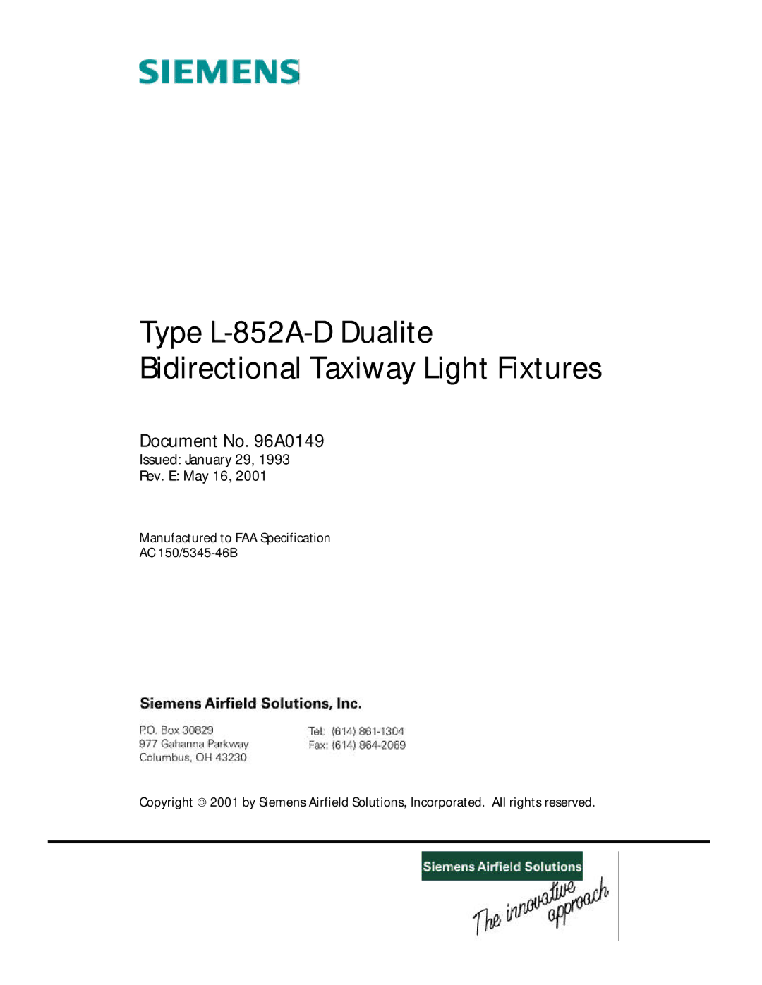 Siemens manual Type L-852A-D Dualite Bidirectional Taxiway Light Fixtures 