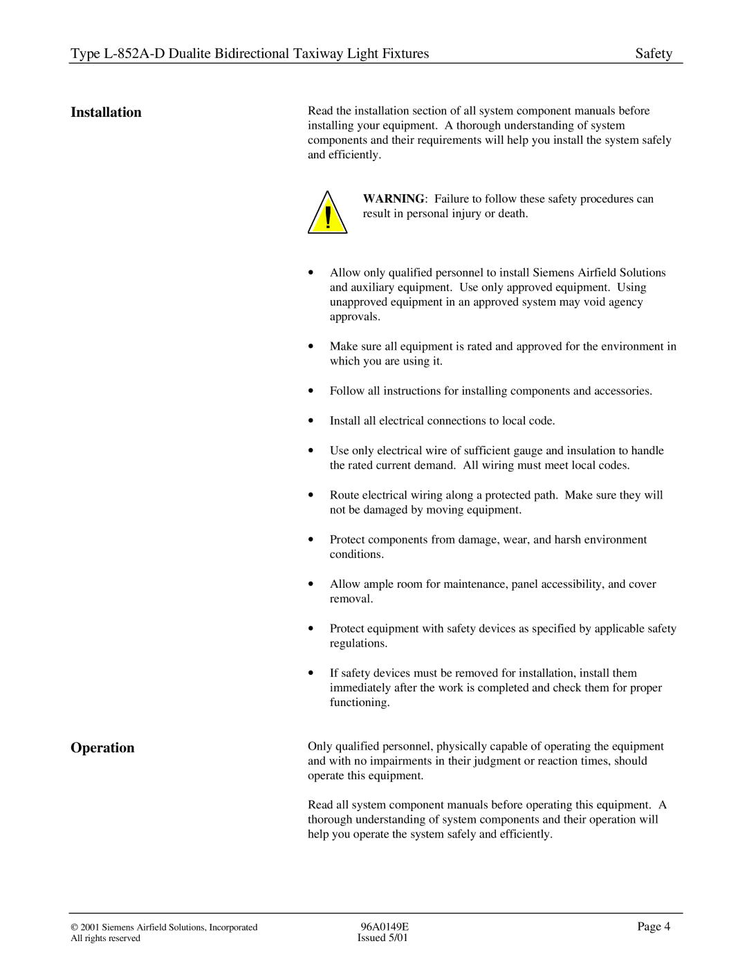 Siemens L-852A-D manual Installation Operation 