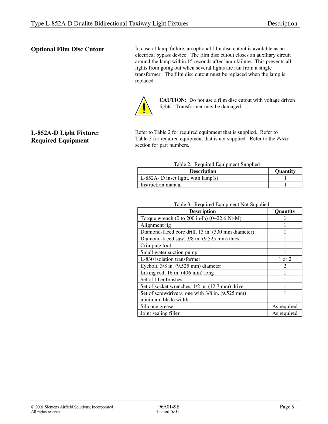 Siemens L-852A-D manual Description Quantity 