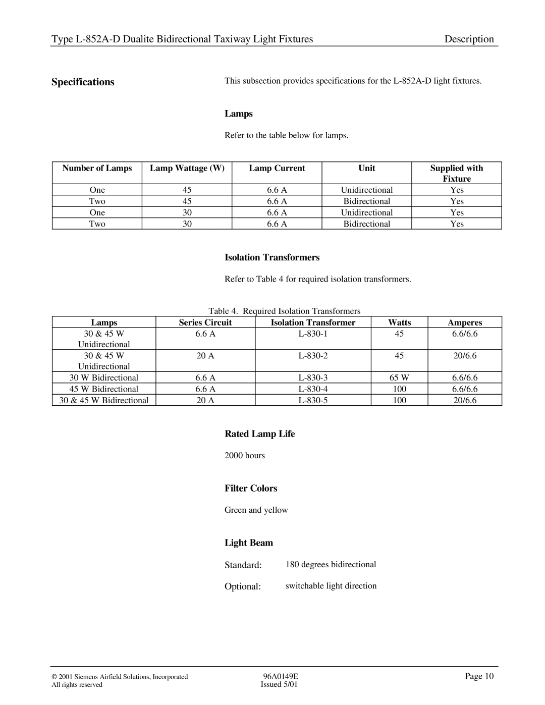 Siemens L-852A-D manual Specifications 