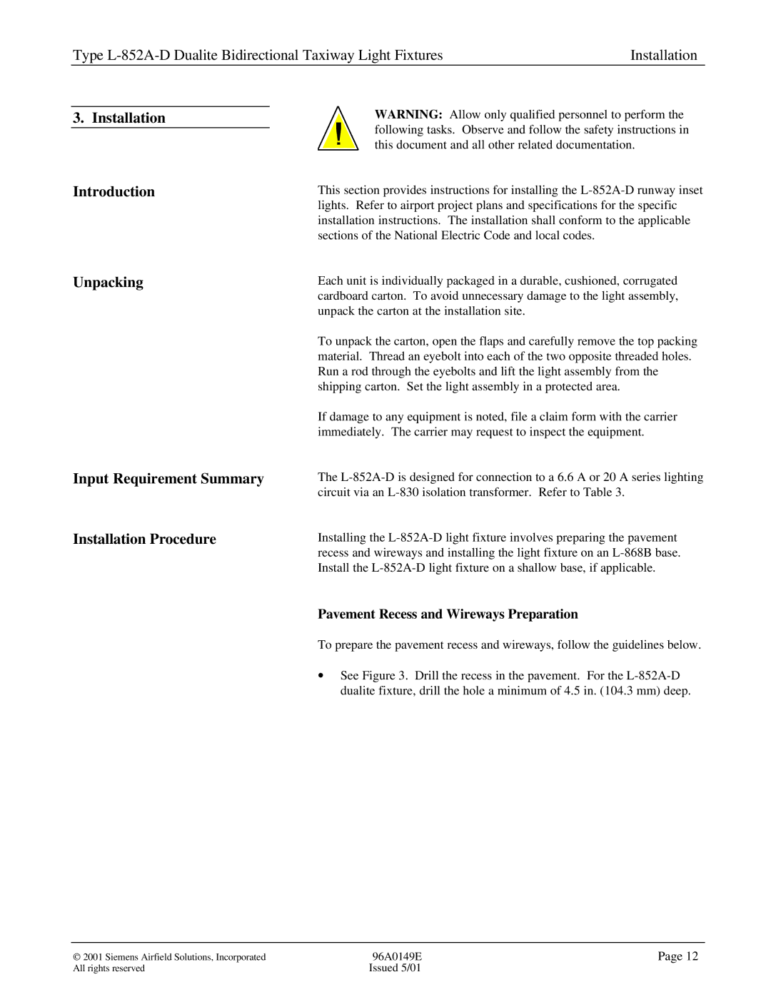 Siemens L-852A-D manual Pavement Recess and Wireways Preparation 