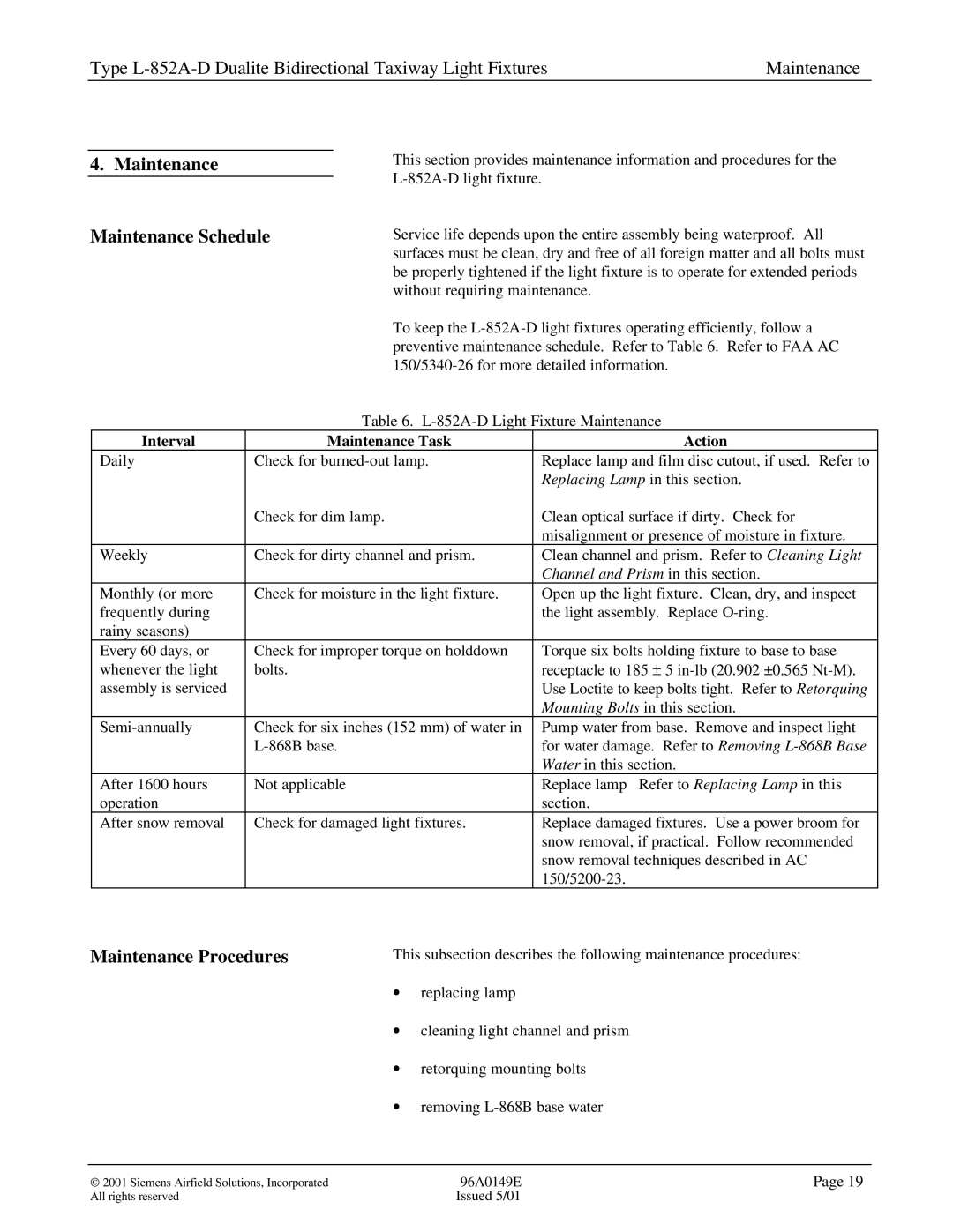 Siemens L-852A-D manual Maintenance Maintenance Schedule, Maintenance Procedures, Interval Maintenance Task Action 