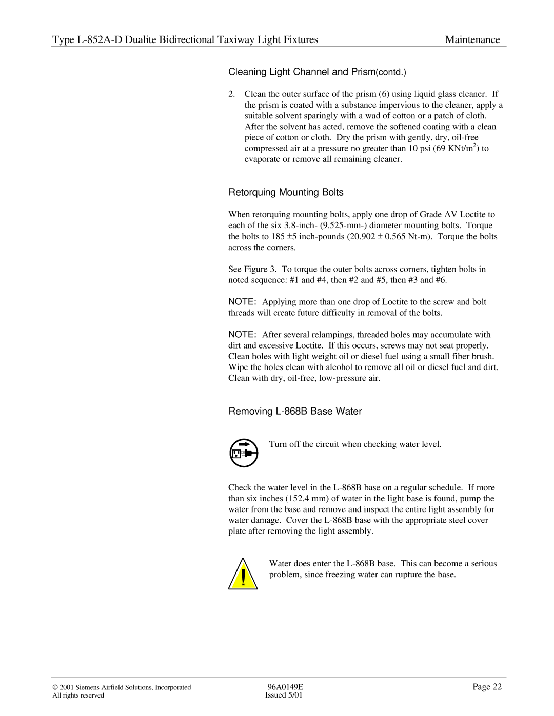 Siemens L-852A-D manual Cleaning Light Channel and Prism contd, Retorquing Mounting Bolts, Removing L-868B Base Water 