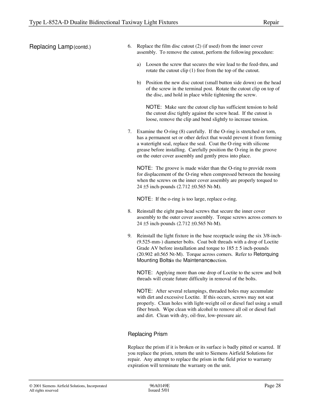 Siemens L-852A-D manual Replacing Lamp contd 