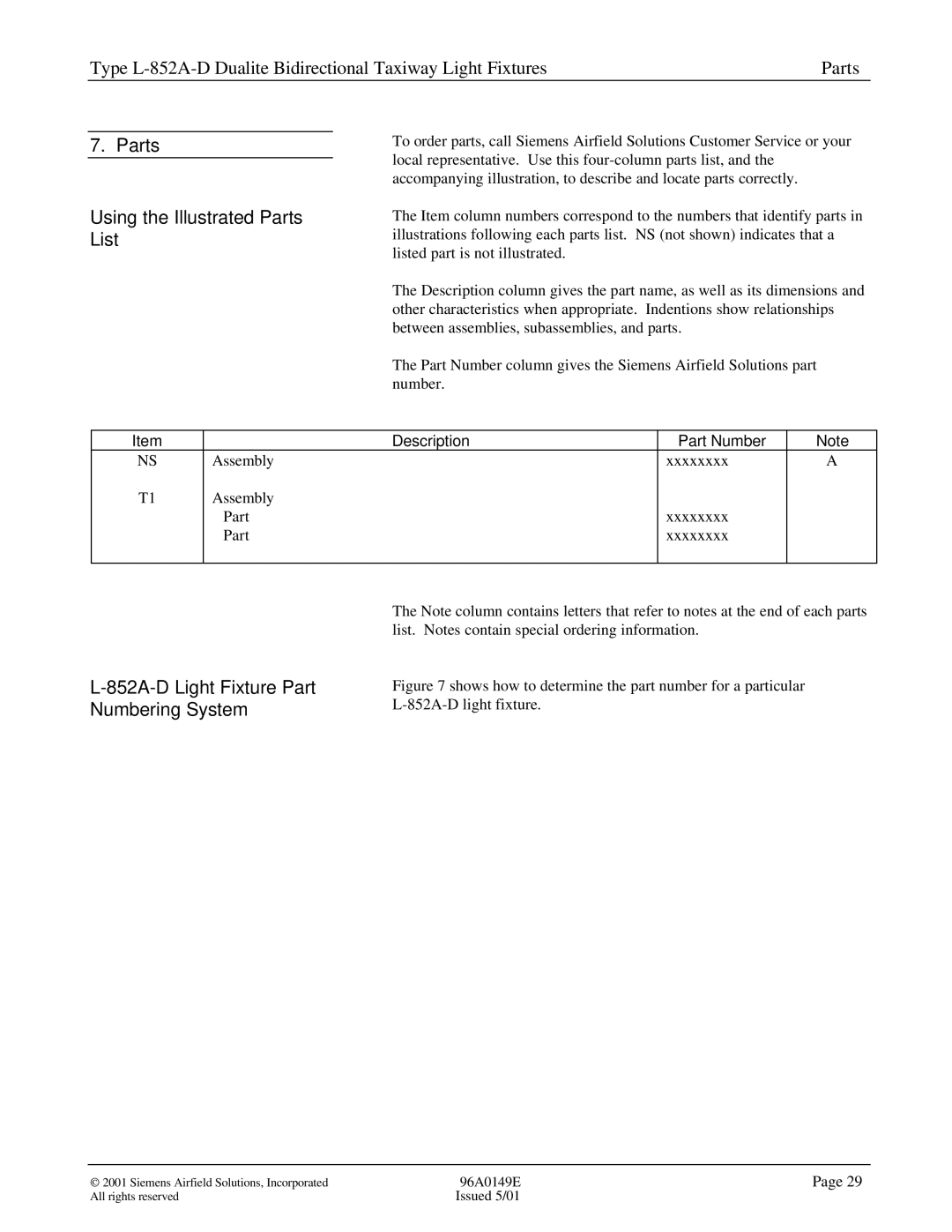 Siemens L-852A-D manual Parts Using the Illustrated Parts List, 852A-D Light Fixture Part Numbering System 