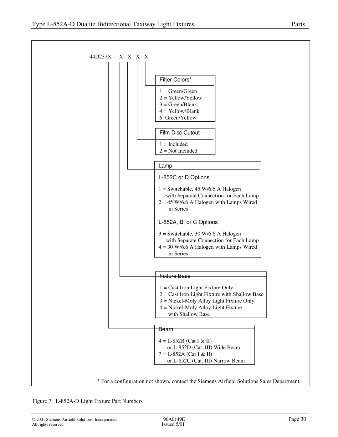 Siemens L-852A-D manual Filter Colors, Film Disc Cutout, Lamp 852C or D Options, 852A, B, or C Options, Fixture Base, Beam 