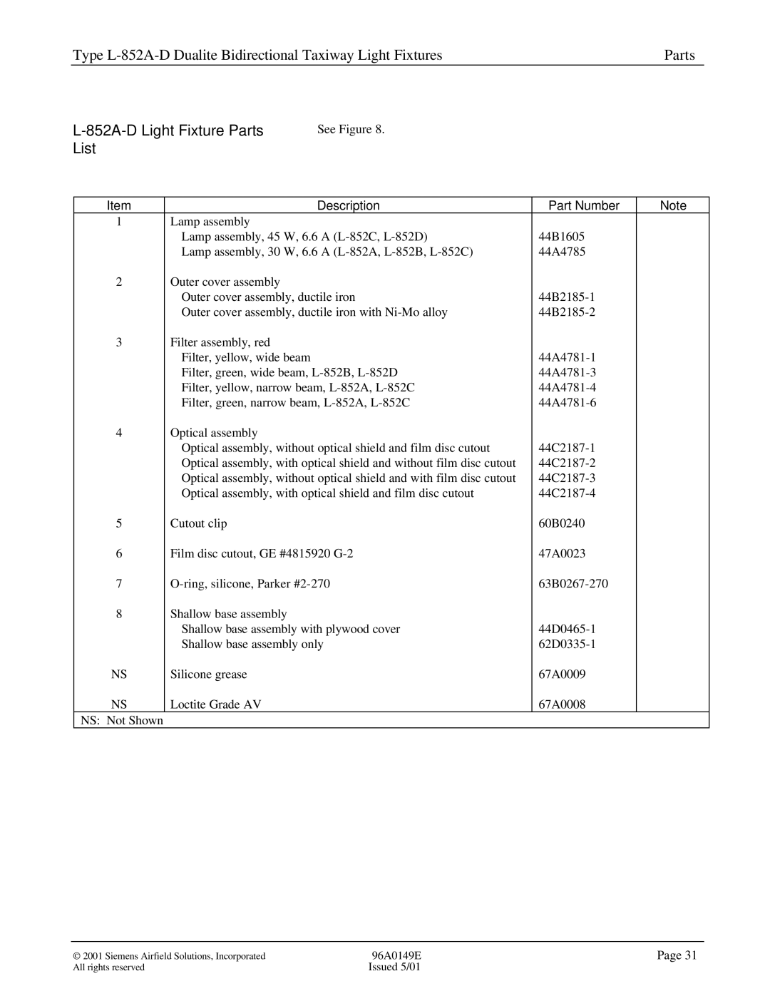 Siemens L-852A-D manual 852A-D Light Fixture Parts, List 