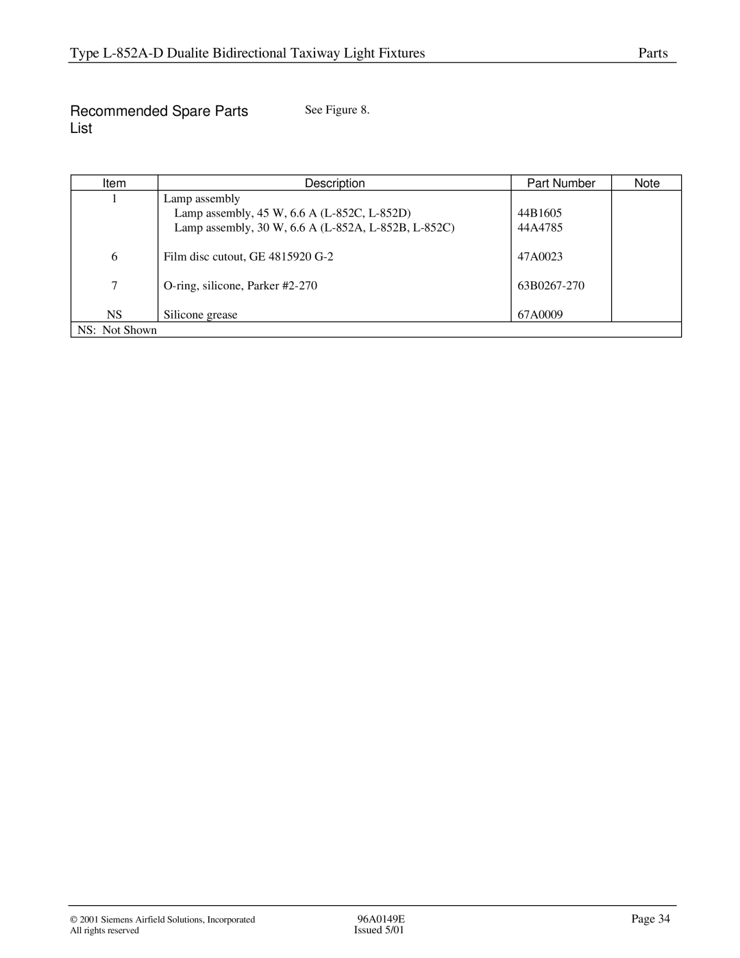 Siemens L-852A-D manual Recommended Spare Parts, List 