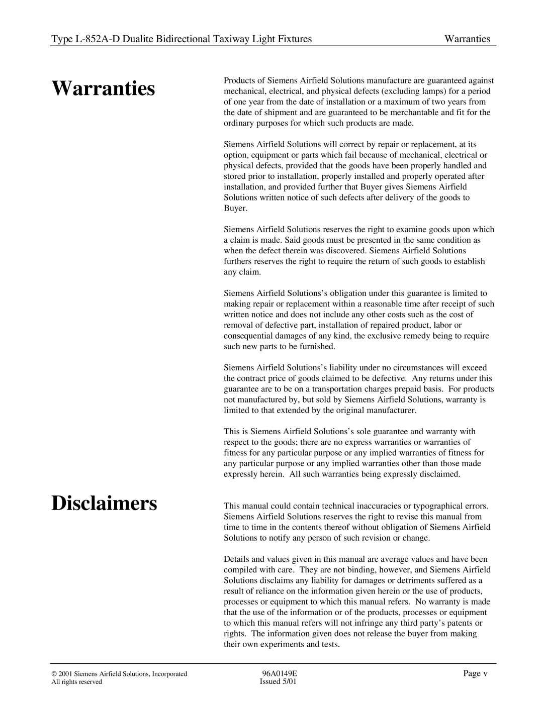 Siemens L-852A-D manual Warranties Disclaimers 