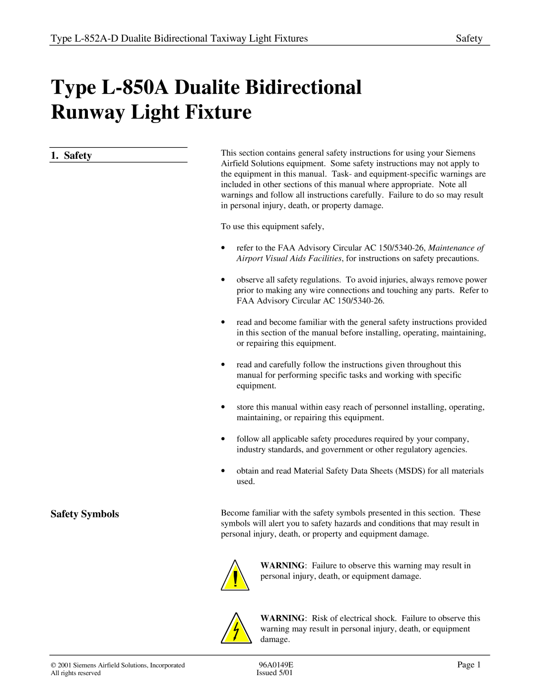 Siemens L-852A-D manual Type L-850A Dualite Bidirectional Runway Light Fixture, Safety Safety Symbols 