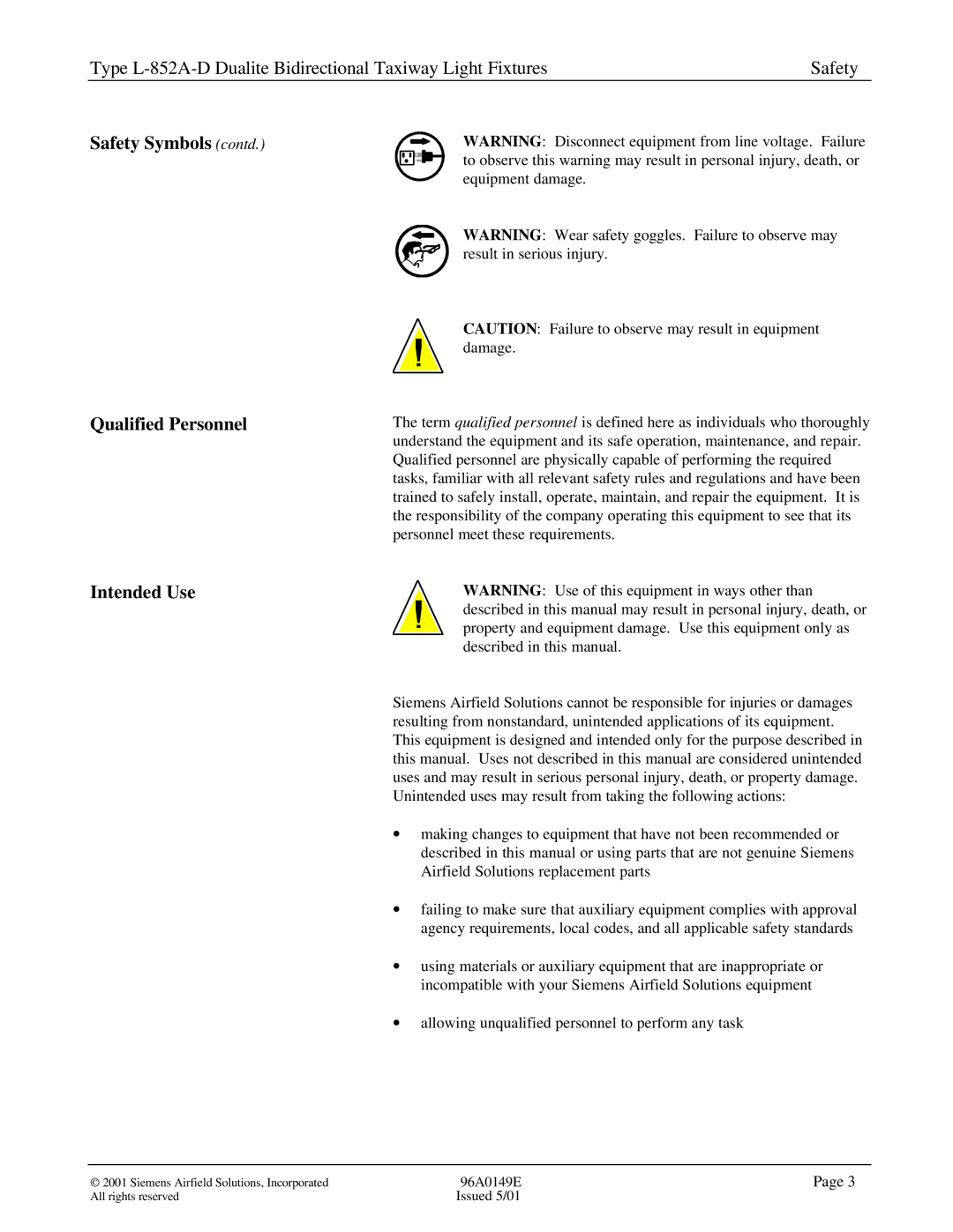 Siemens L-852A-D manual Safety Symbols contd Qualified Personnel Intended Use 