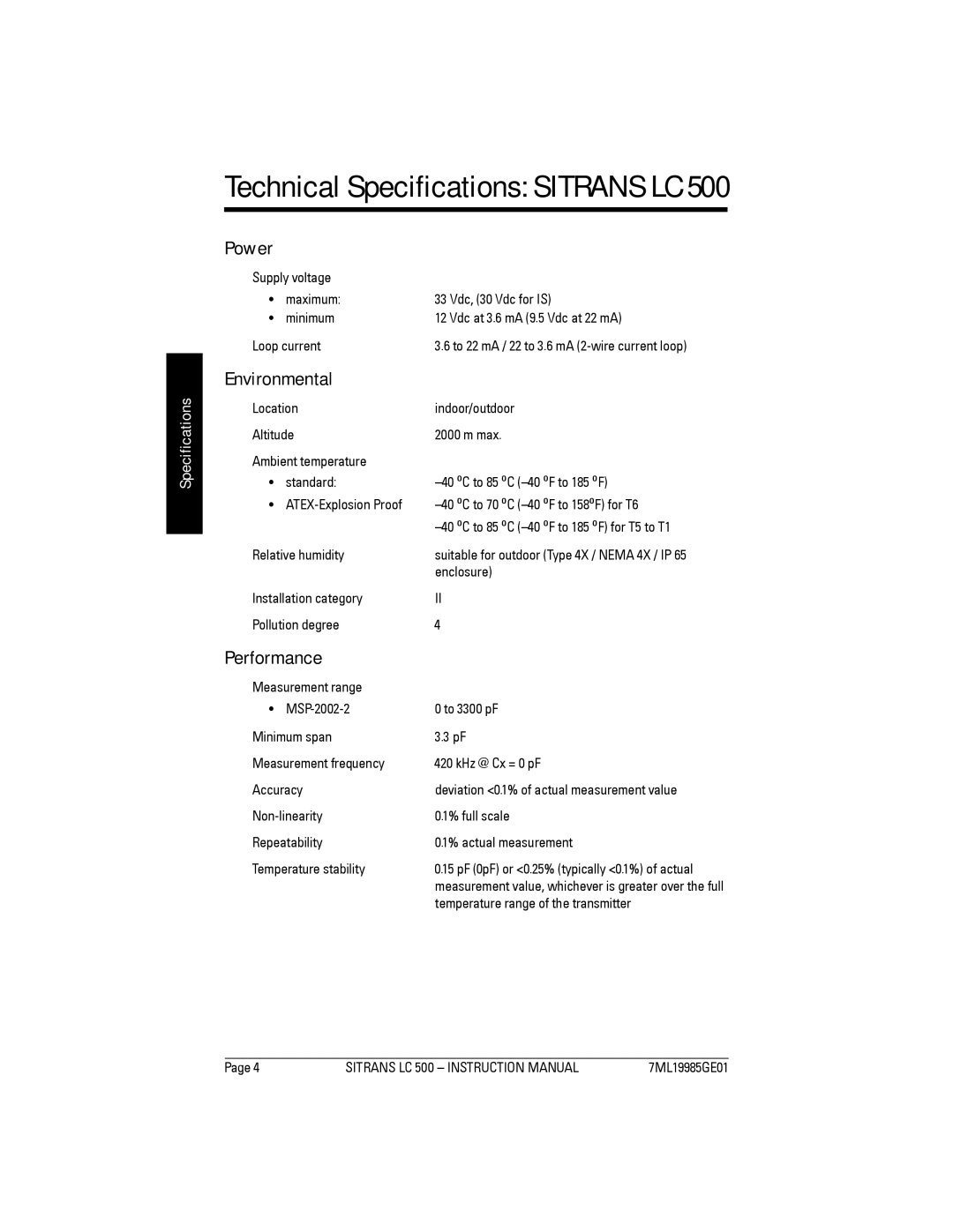 Siemens LC 500, Sitrans instruction manual Power, Environmental, Performance, Specifications 