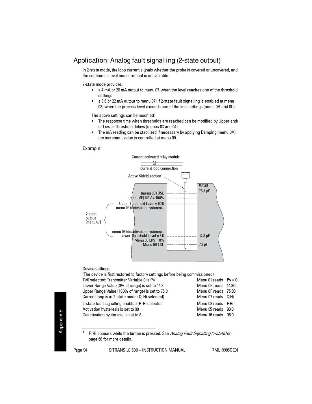 Siemens LC 500 Application Analog fault signalling 2-state output, Current loop is in 2-state mode C Hi selected, CHi, FHi 